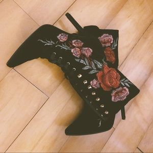 SOLD Black Velvet Floral Lace Up Heel Booties